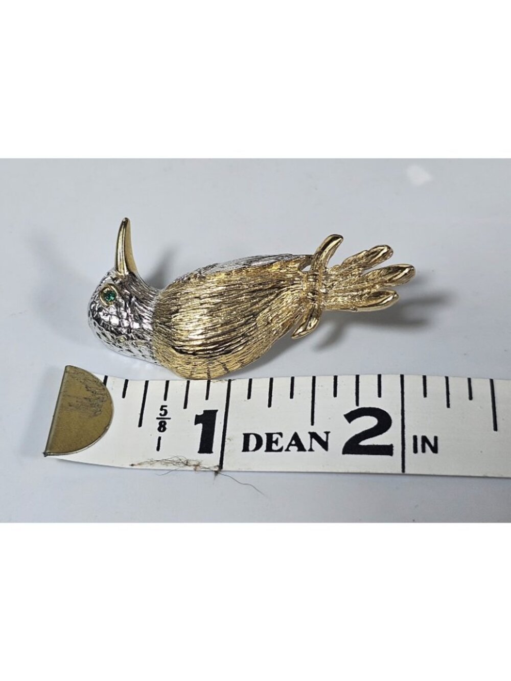 Gold & Silver Tone Bird Brooch Pin with Green Rhinestone Eye Jewelry VTG - Picture 3 of 3